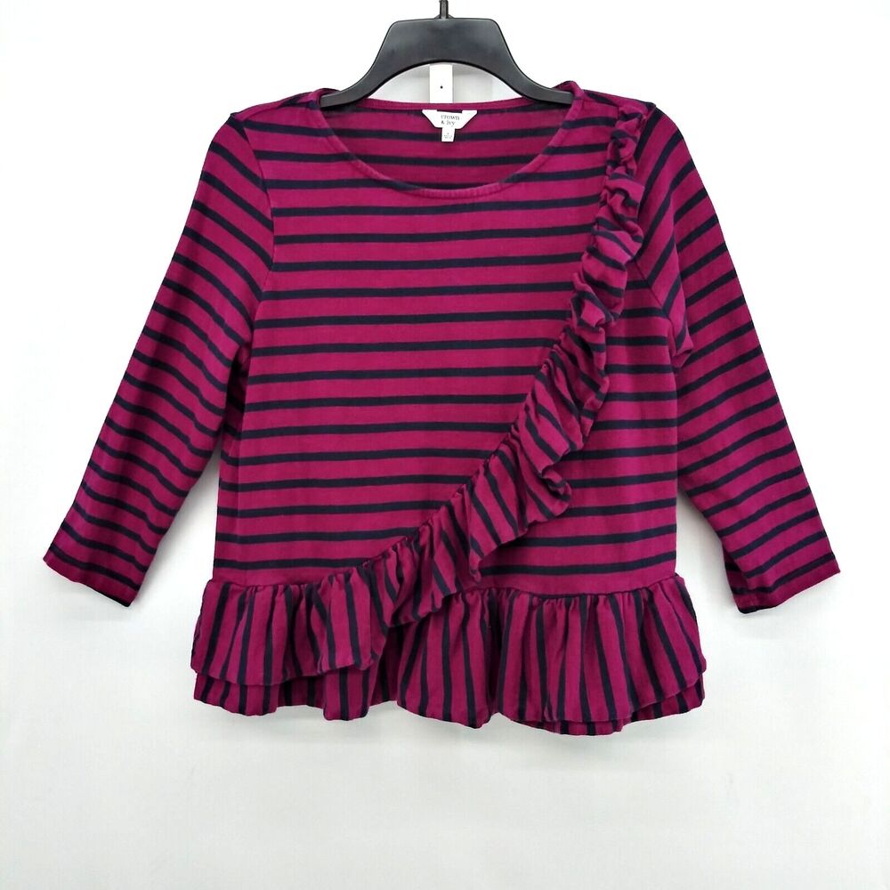 Crown & Ivy Shirt Womens Size S Magenta Striped Ruffles 3/4 Sleeve Pullover Top
